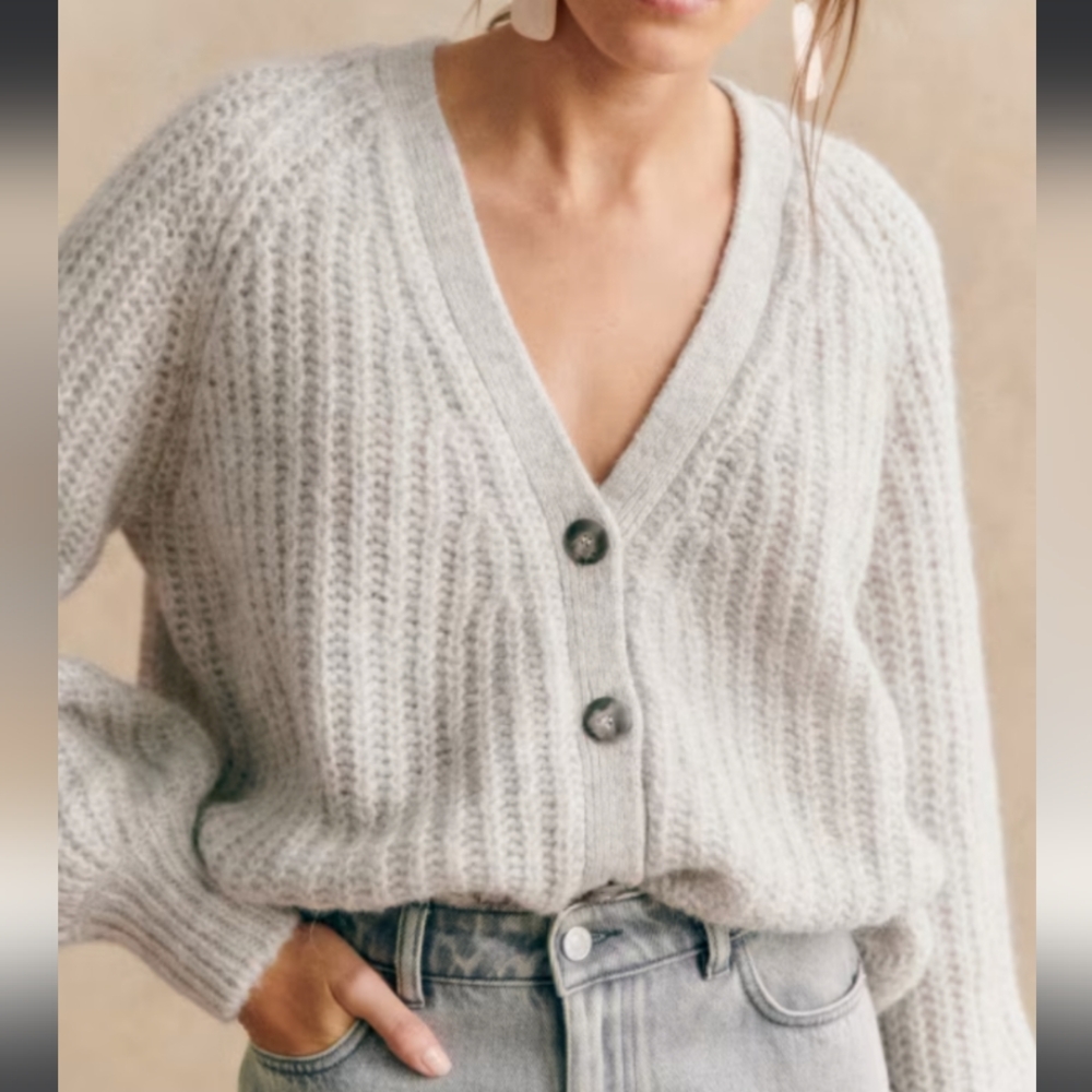 Sezane Basile Light Pearl Gray Knit Cardigan